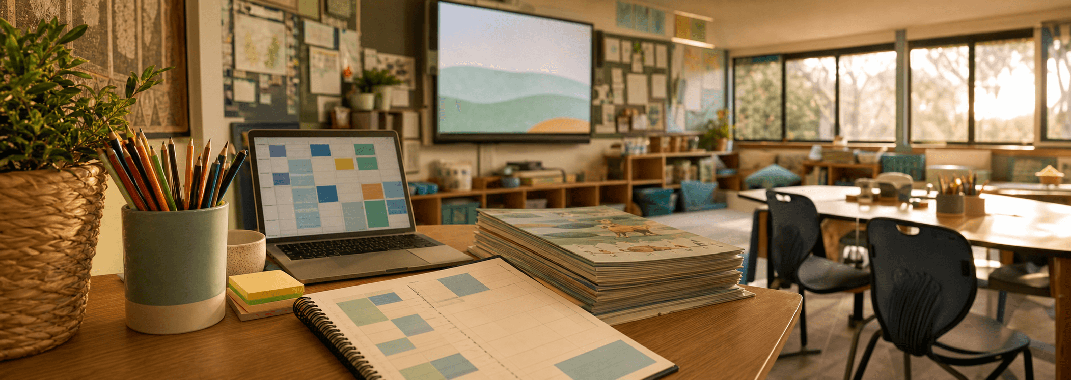A prepared teacher planning desk in a real classroom
